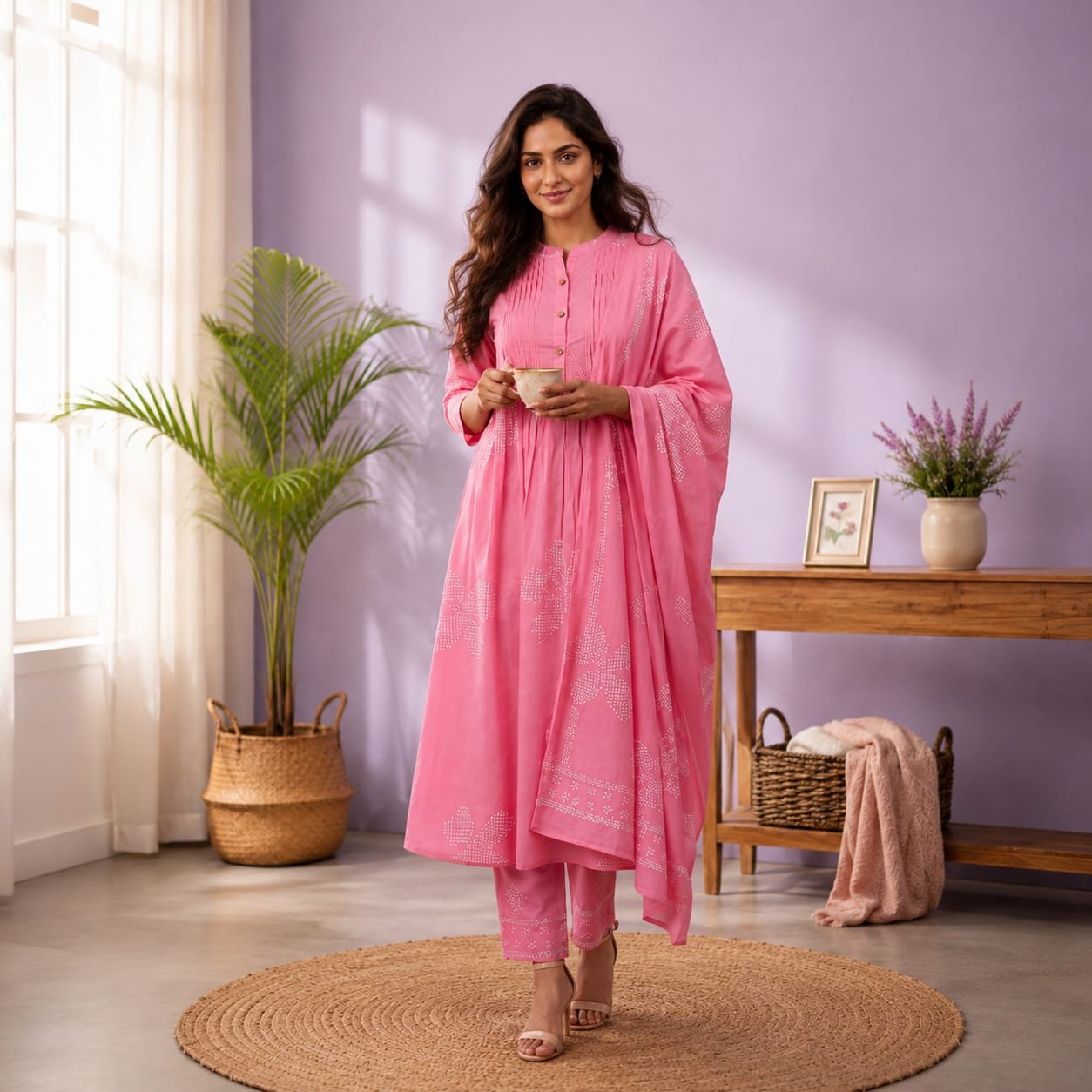 Umbrella Pink Cotton Kurti Set