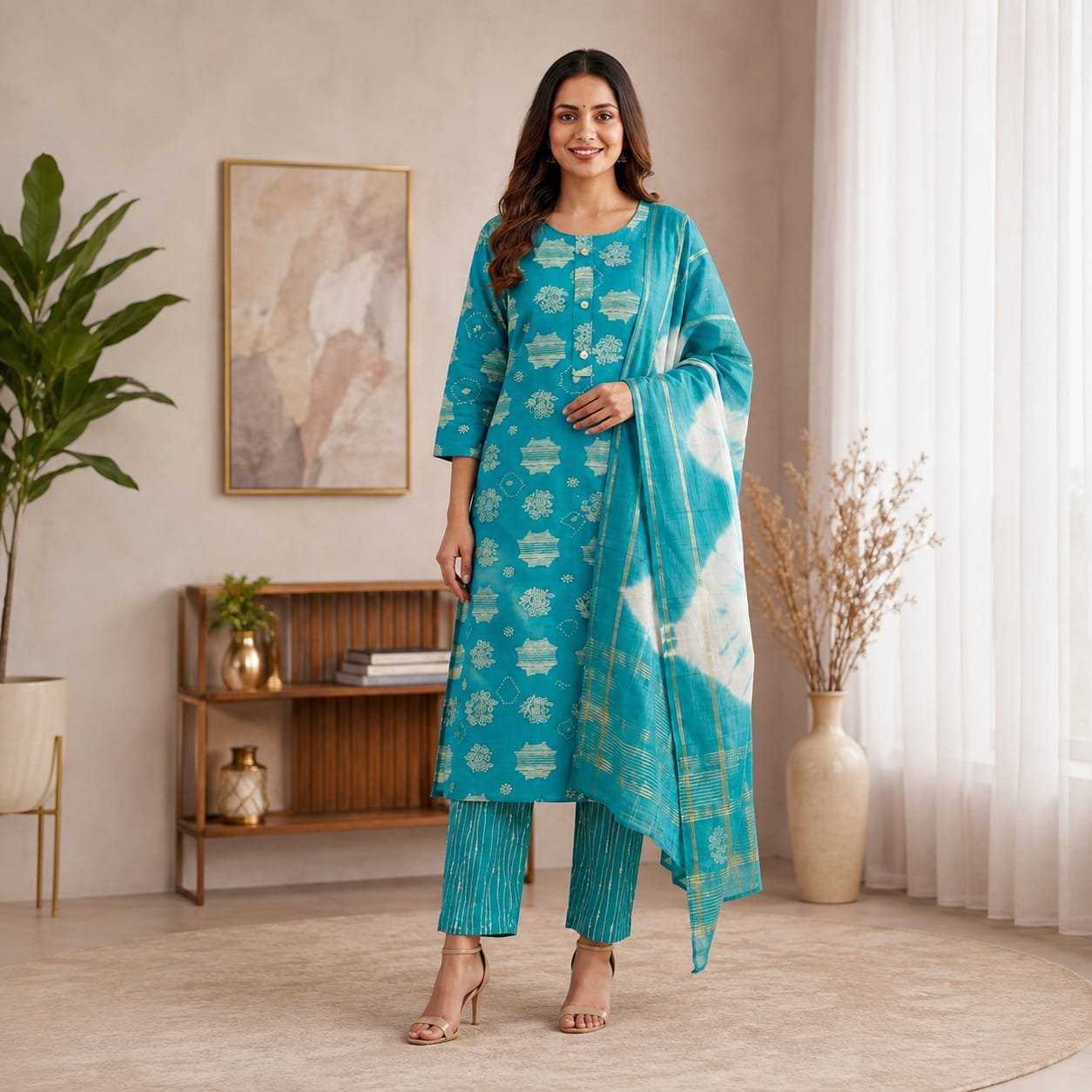 Turquoise Blue Kurti with Pant & Dupatta Set