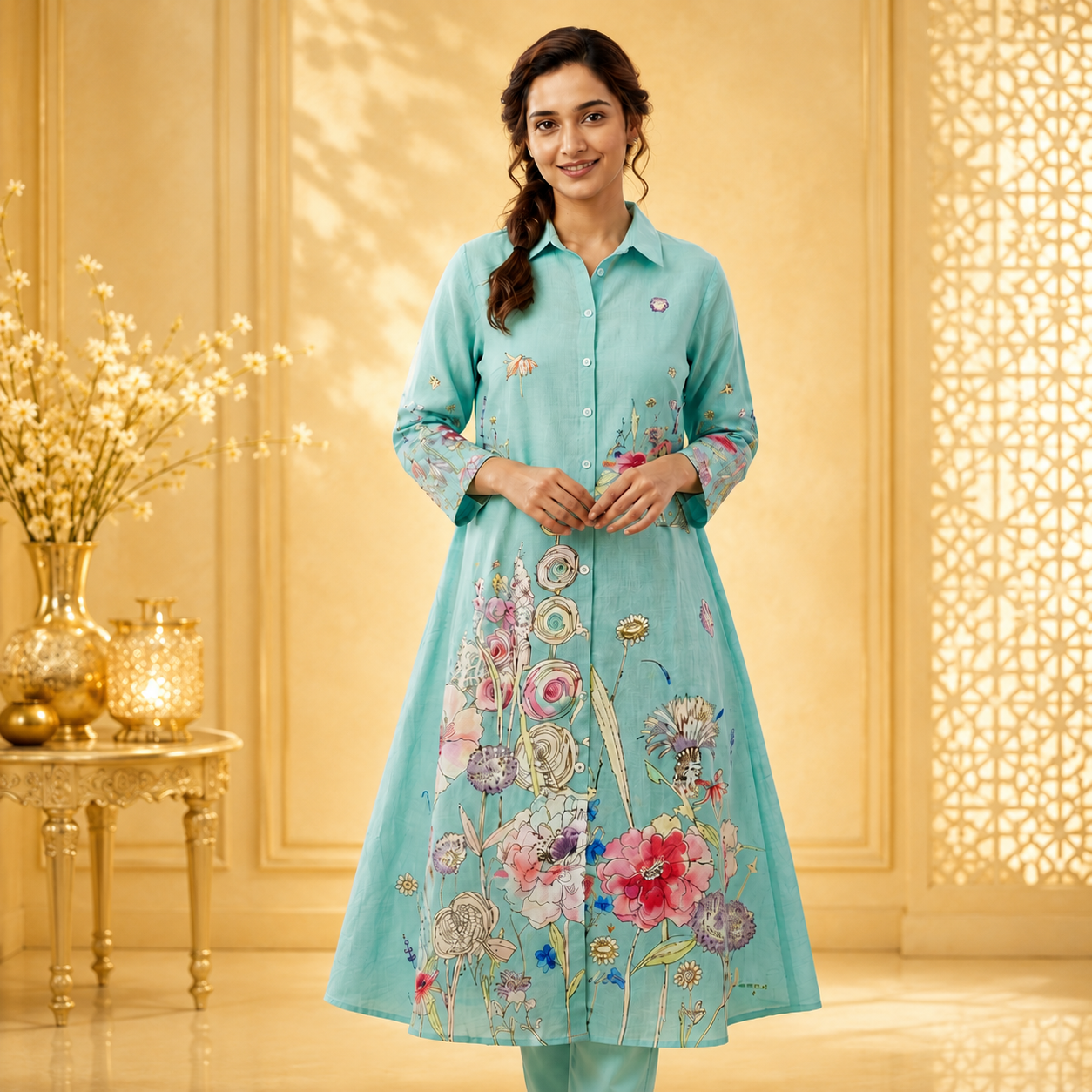 Pastel Aqua Blue with Multicolor Floral Print  Umbrella co-ord Set
