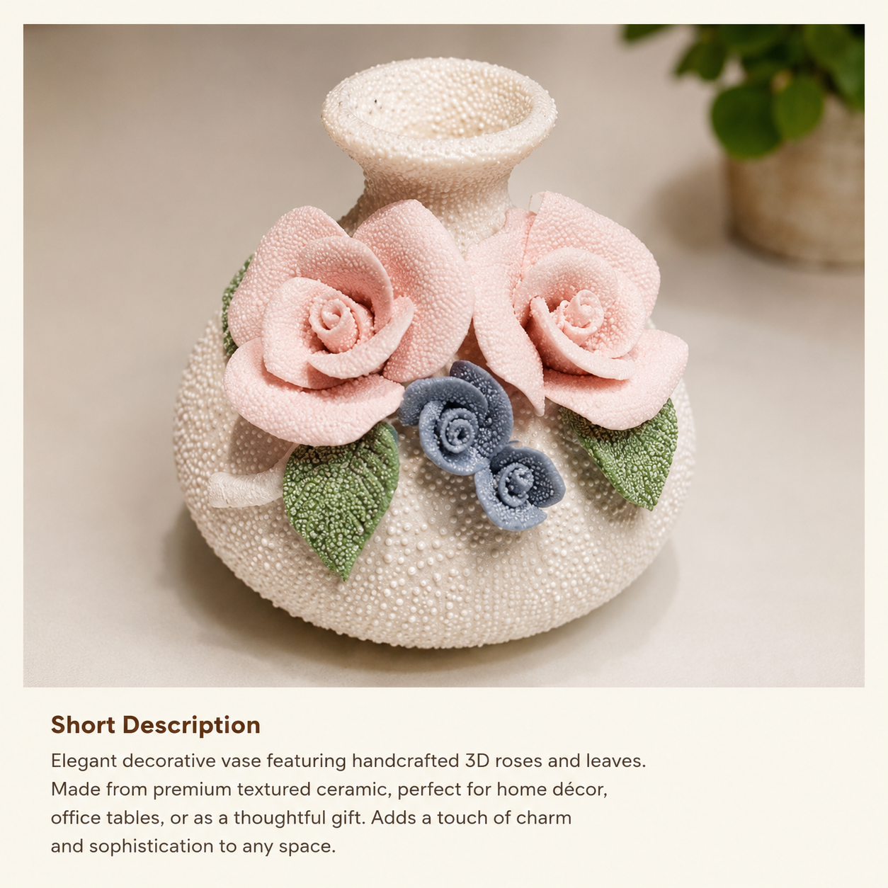 Handcrafted 3D Floral extured Ceramic Decorative Vase