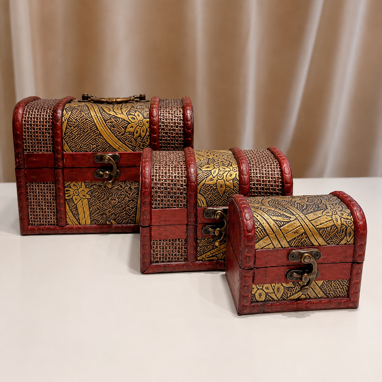 Vintage Wooden Treasure Storage Box Set (Set of 3)