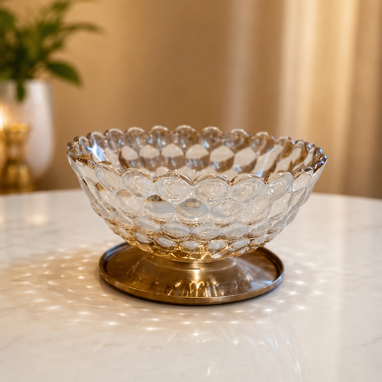 Premium Textured Glass Serving Bowl with Gold Base