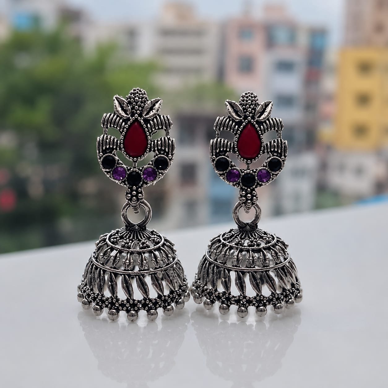 Pair of oxidized silver jhumka earrings