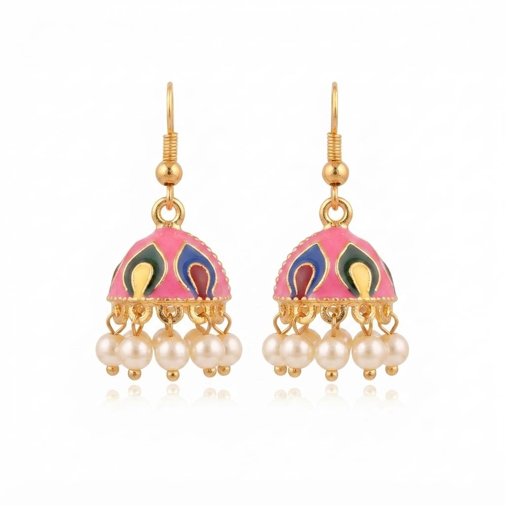 Meenakari dome-shaped jhumka earring, featuring vibrant enamel artwork