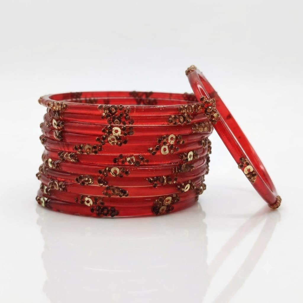 Gracious Red, beaded glass bangle set from NMII features intricate gold finished