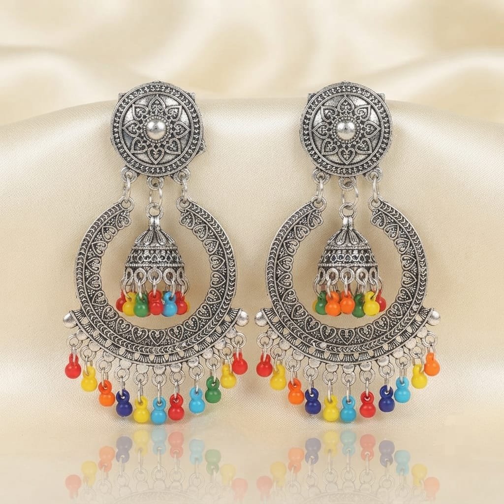 Traditional Indian bohemian-style Chandbali Jhumka earrings crafted from oxidized silver metal.