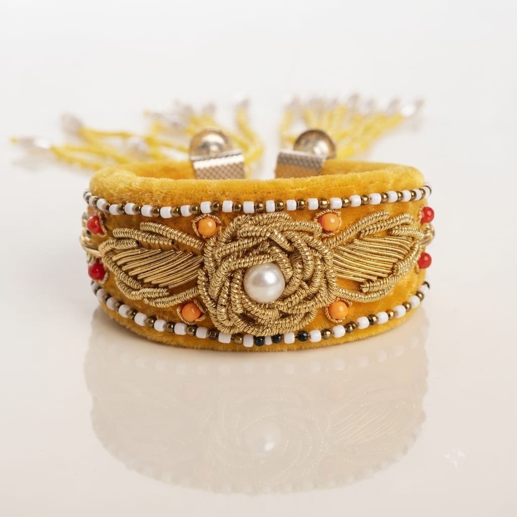 Mustard-yellow velvet cuff bracelet, combining plush textiles with elaborate metallic and bead embroidery.