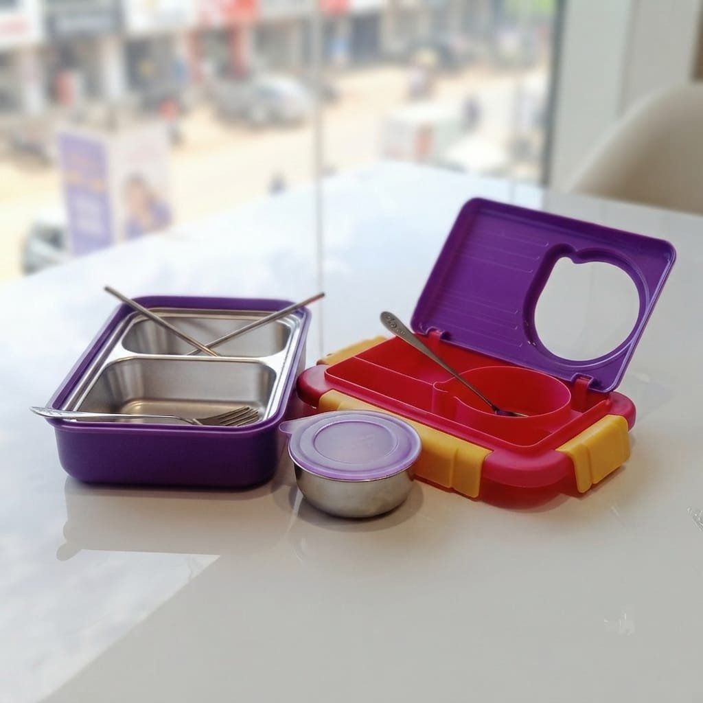Kids lunch box with Five stainless steel compartments for meal separation.
