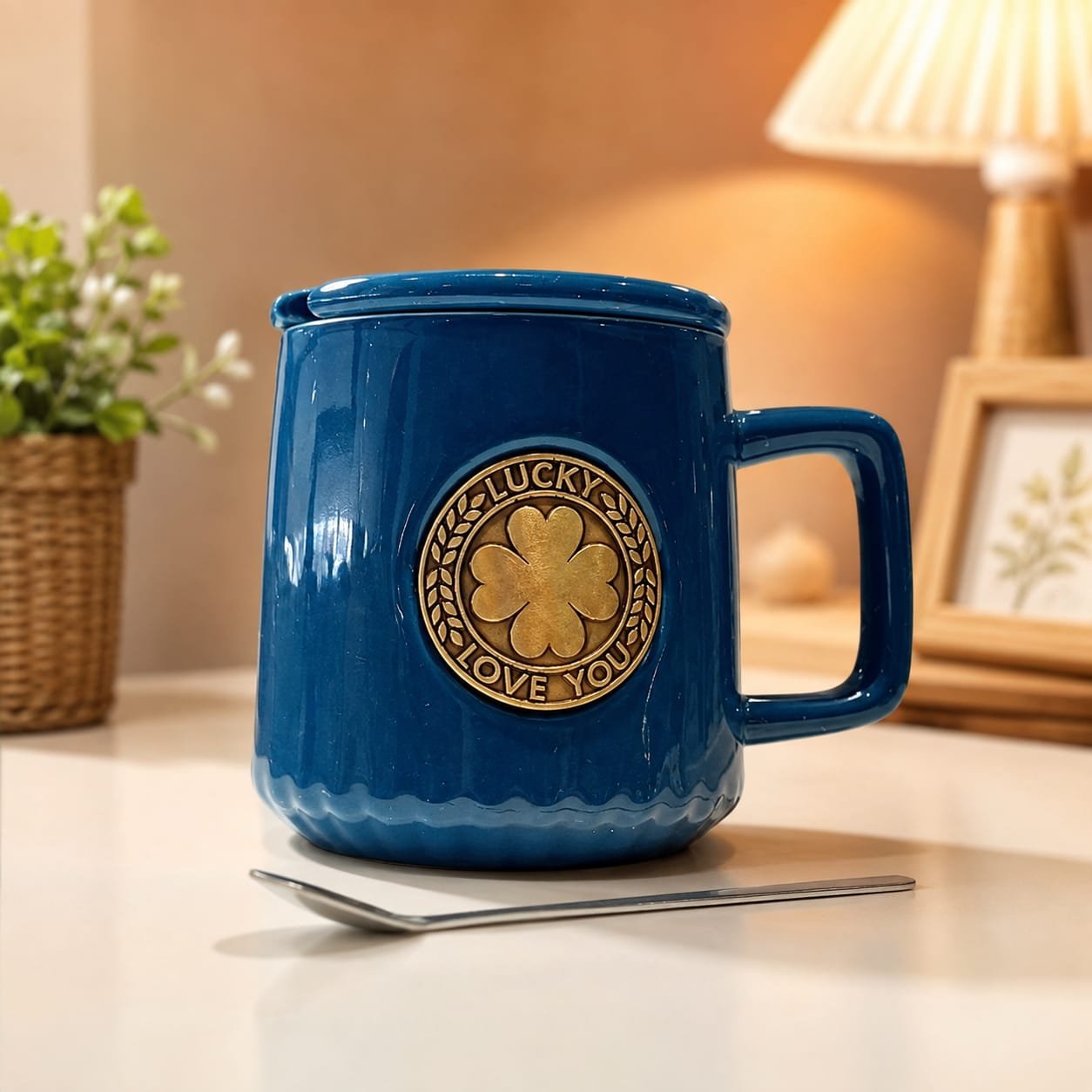 Dark blue ceramic "Lucky You" mug features a ribbed texture and includes a matching lid with spoon.