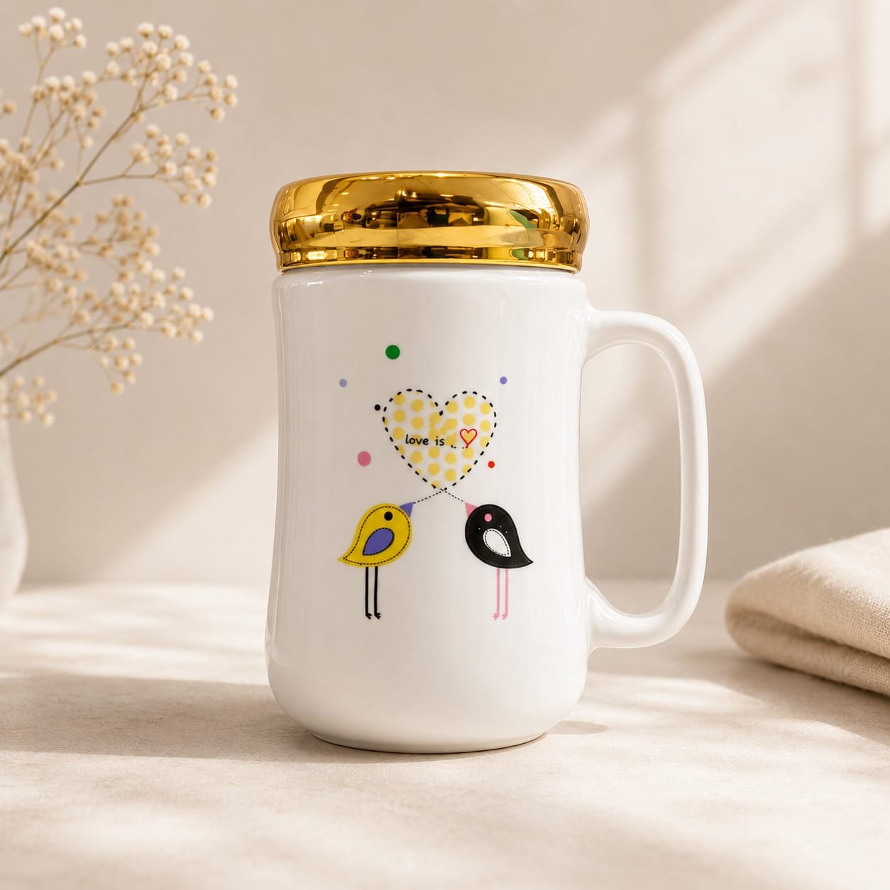 White ceramic coffee mug features a playful "Love is..." design with two colorful birds and a gold-colored lid.