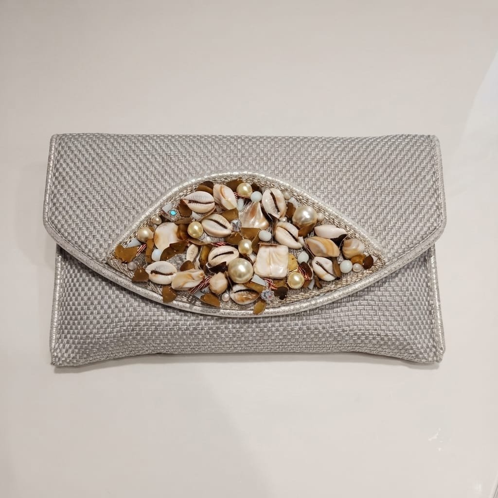 Premium Silver Shimmer Color with Cowrie Shells ,Beads & Charms Bag