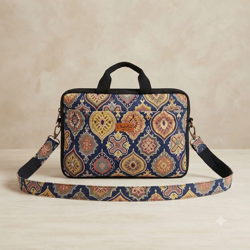 Zouk laptop bag features a vibrant blue mandala print and functional shoulder strap.