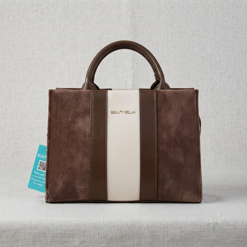Tote bag features a brown suede body with a prominent cream-colored central stripe