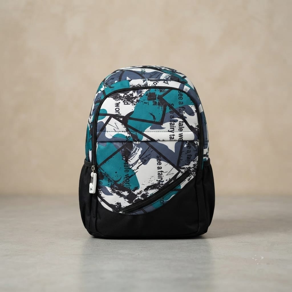 Printed text-graphic casual backpack designed with a vibrant abstract color-blocked pattern