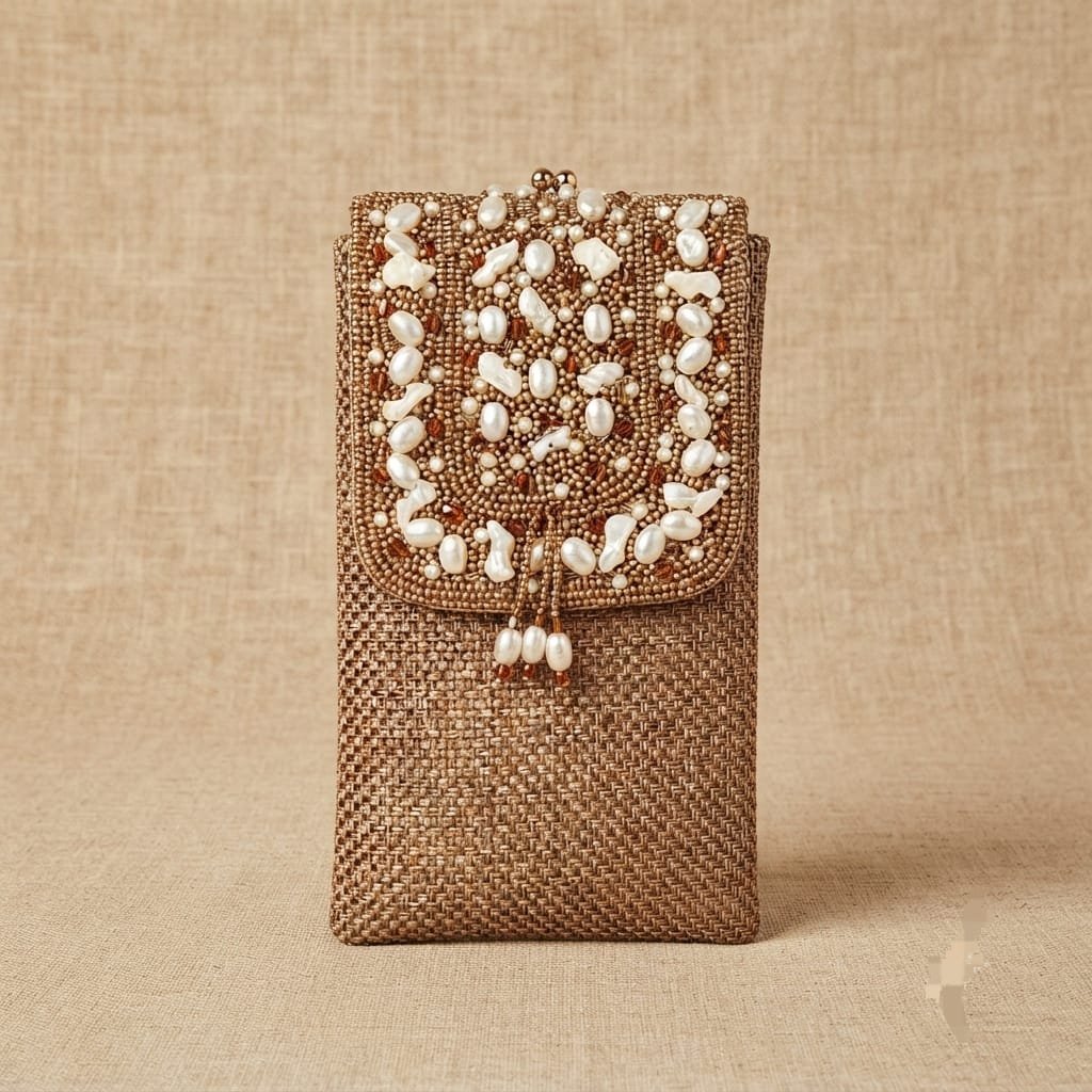 Pearl  Mobile Bag - gold Arborè handcrafted phone clutch features intricate pearl and sequin embroidery work.