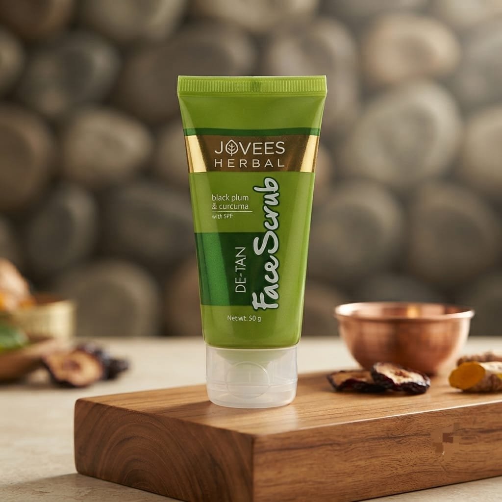 Jovees Herbal De-Tan Face Scrub featuring black plum and curcuma.
