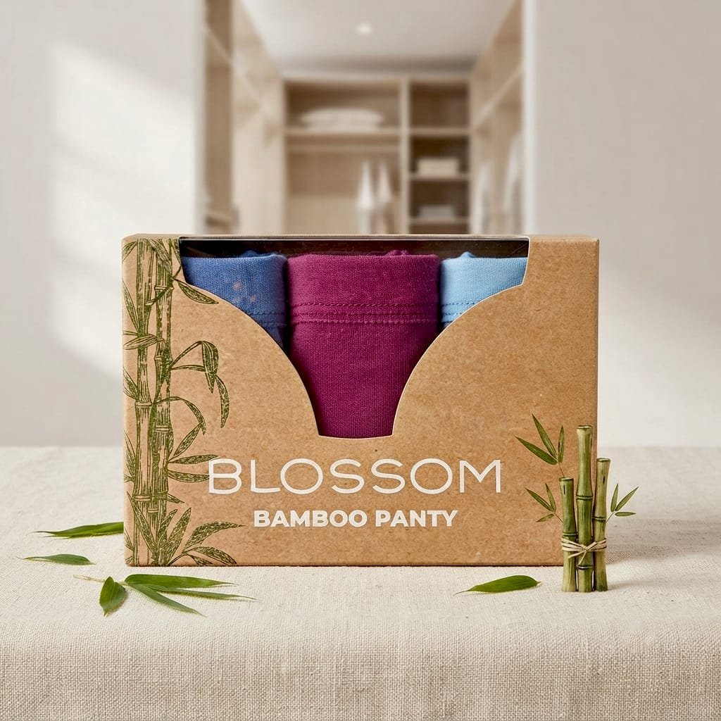 Blossom brand set features three pairs of bamboo panties packaged in a rustic, eco-friendly box