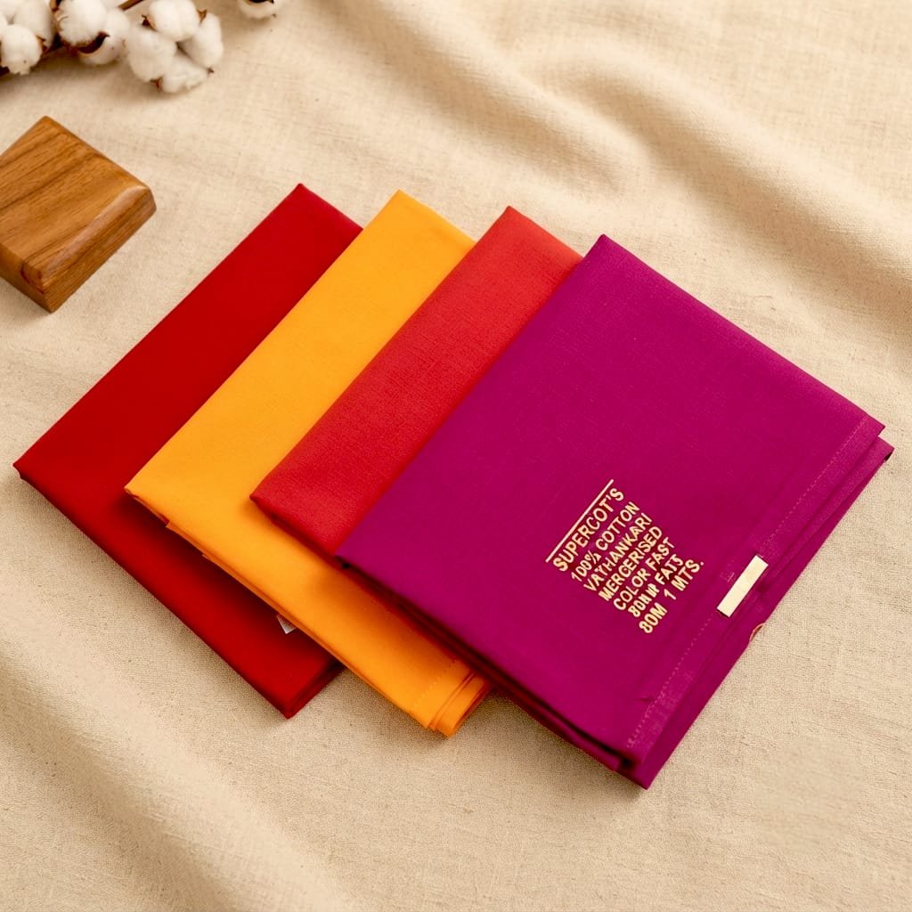 Supercot's unstitched cotton blouse pieces, featuring 100% vathankari mercerised cotton. The set includes various solid-colored fabrics, typically sold in 1-meter lengths.