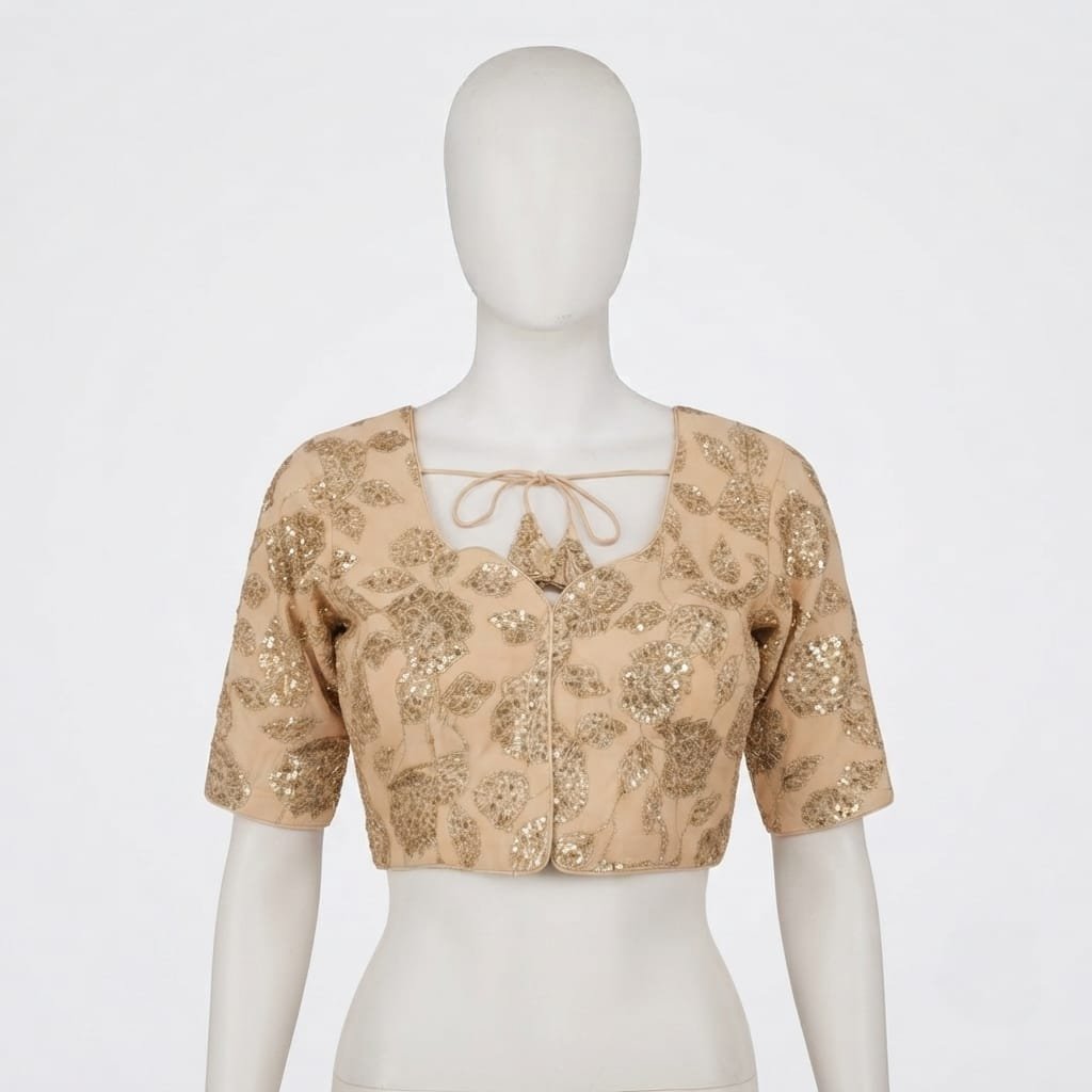 Beige Stori sequined blouse features a V-neck and short sleeves.