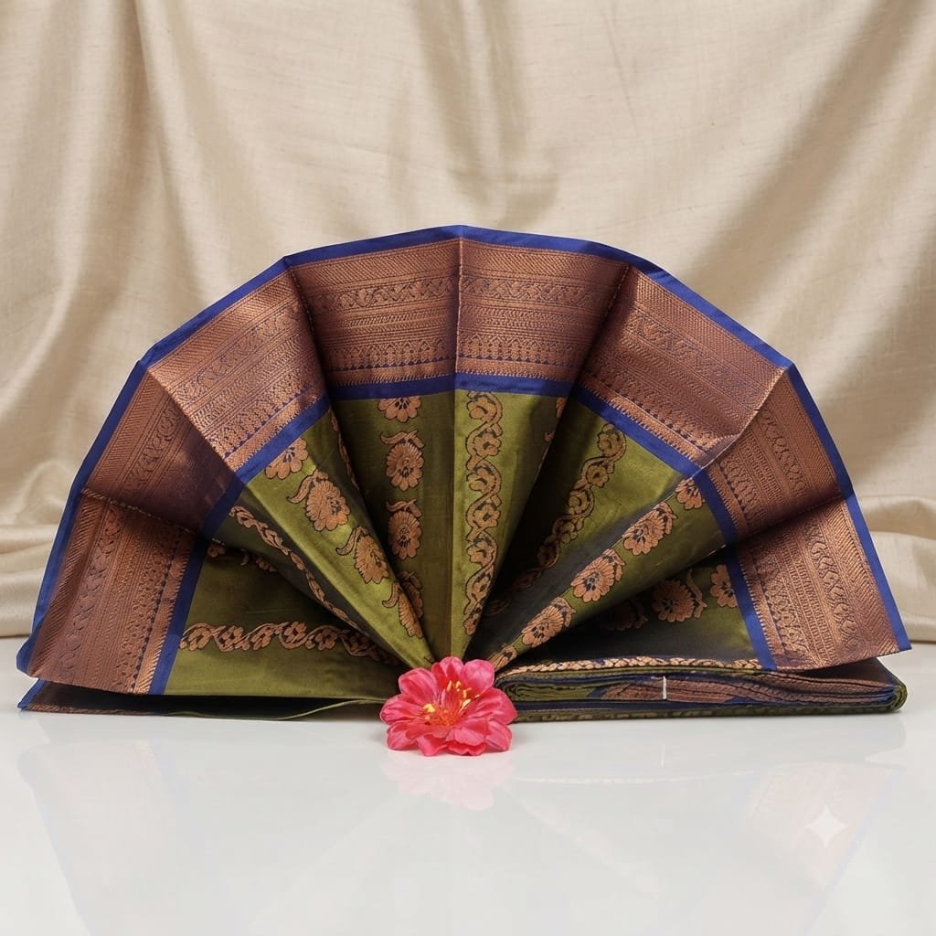 Green silk saree features intricate copper zari floral patterns and a contrast blue border.