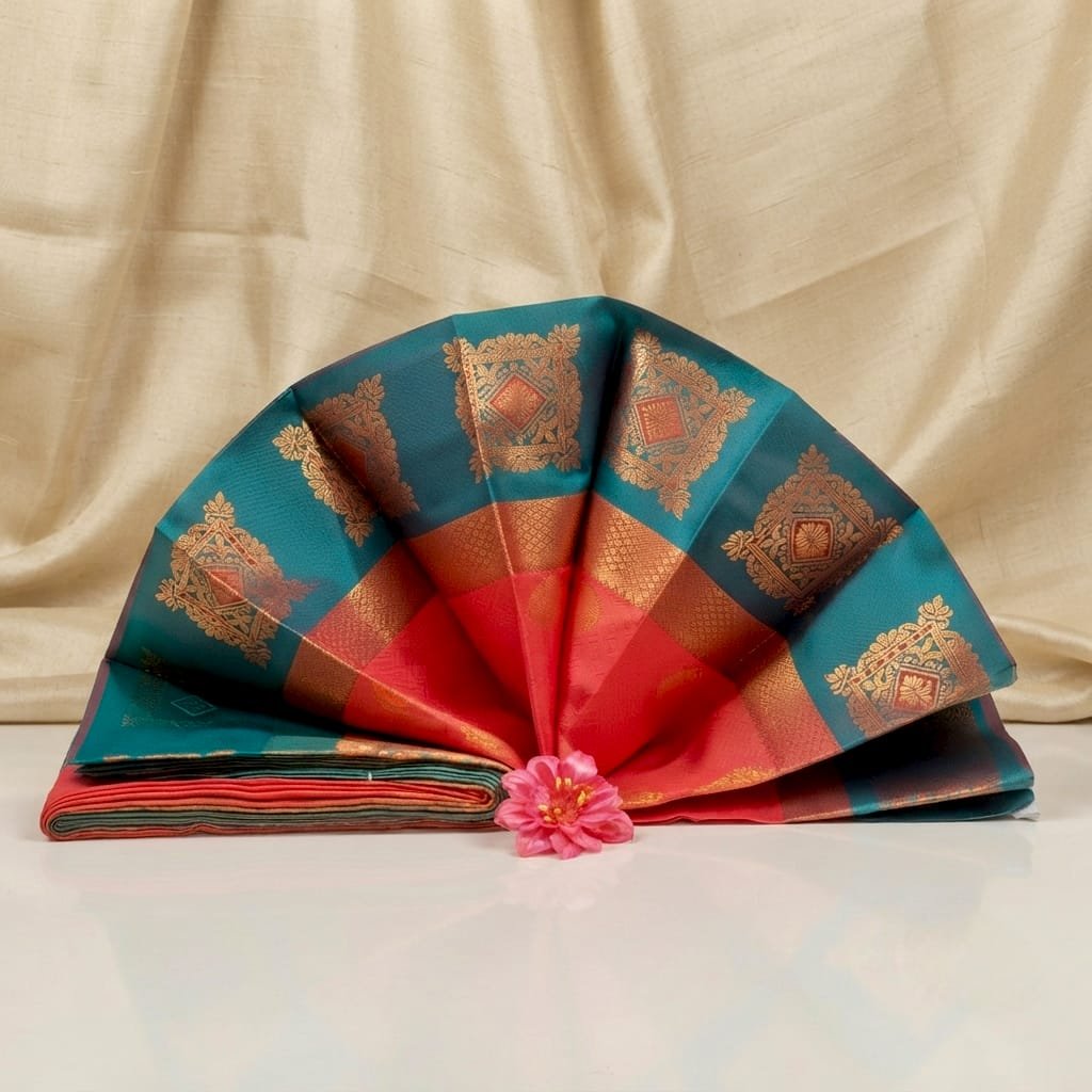 Kanchipuram soft silk saree features a vibrant peacock green and coral red color combination with intricate gold zari jaquard borders.