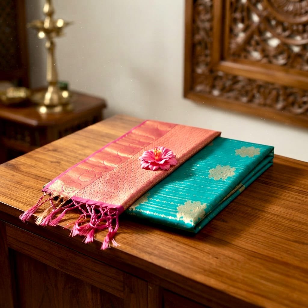 Vibrant green and pink saree features intricate golden zari motifs and tassels.
