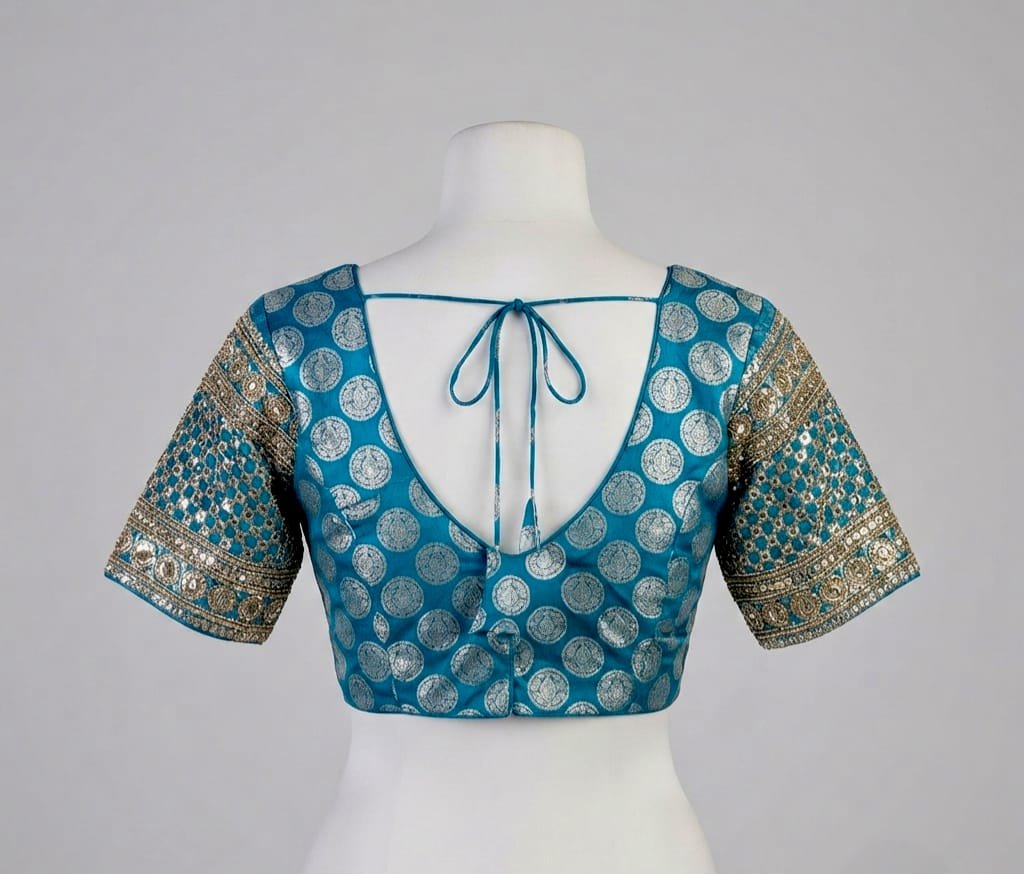 Readymade Teal and gold brocade blouse features a classic round neck and intricate traditional patterns.
