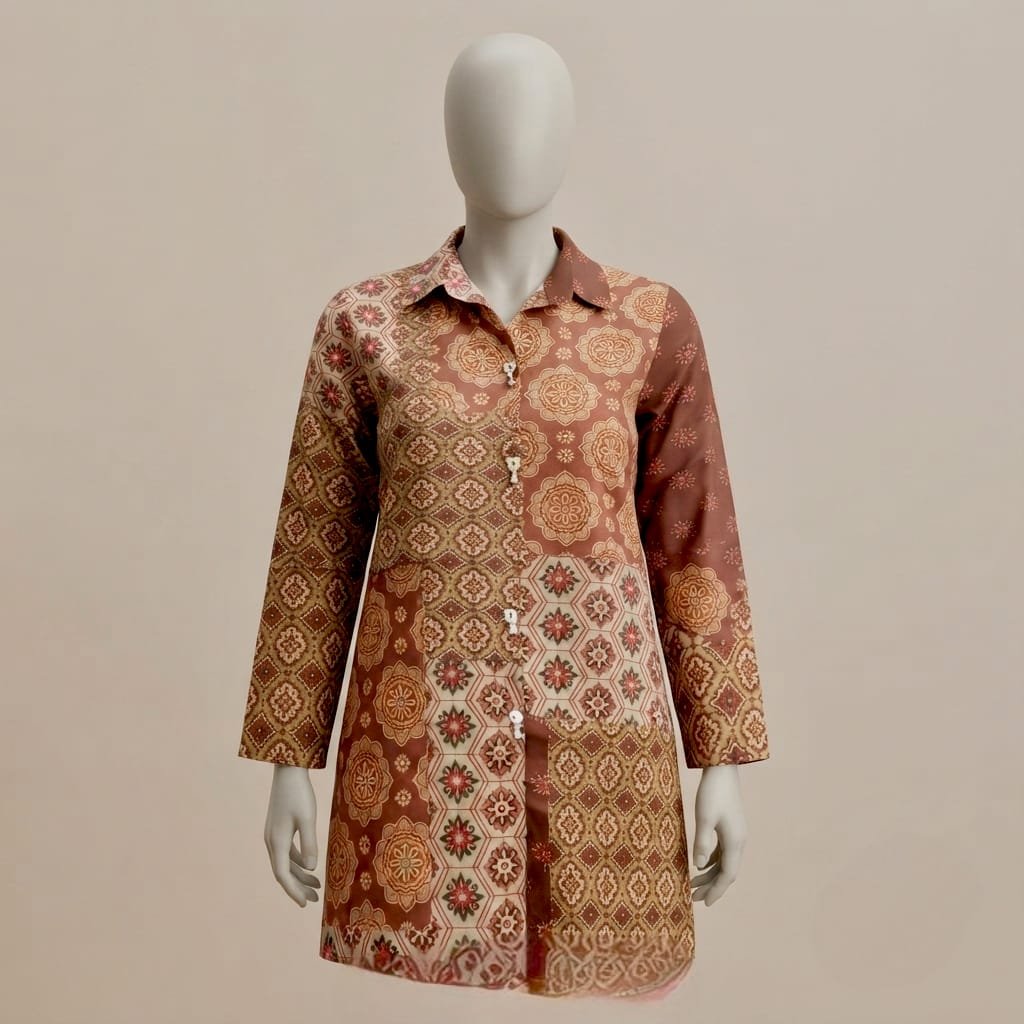 women's patchwork printed shirt tunic (or short kurti) featuring traditional ethnic motifs.