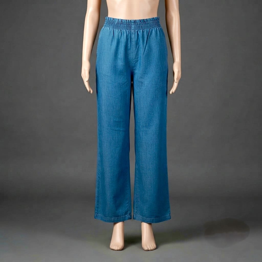 women's casual denim wide-leg pants styled on a mannequin.
