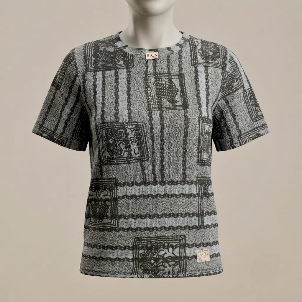 short-sleeved graphic knit top featuring a highly detailed, textured abstract patchwork design.