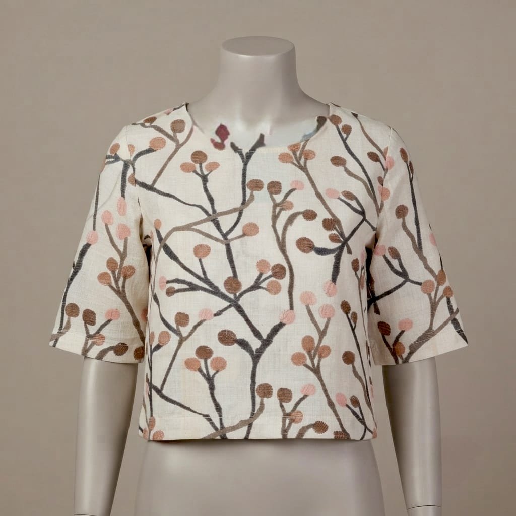 Off-white crop top crafted from a structured, breathable linen or cotton-linen blend fabric.