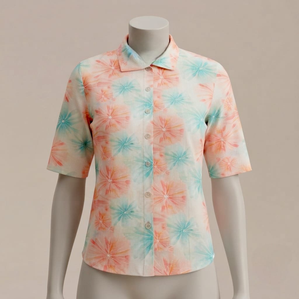 women's short-sleeve button-up blouse styled on a mannequin.