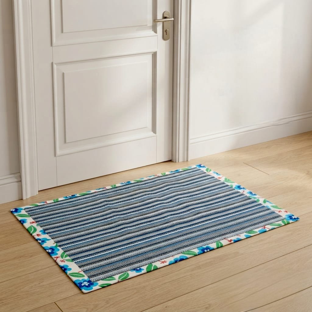 Doormat features a blue and grey striped pattern with a floral border.
