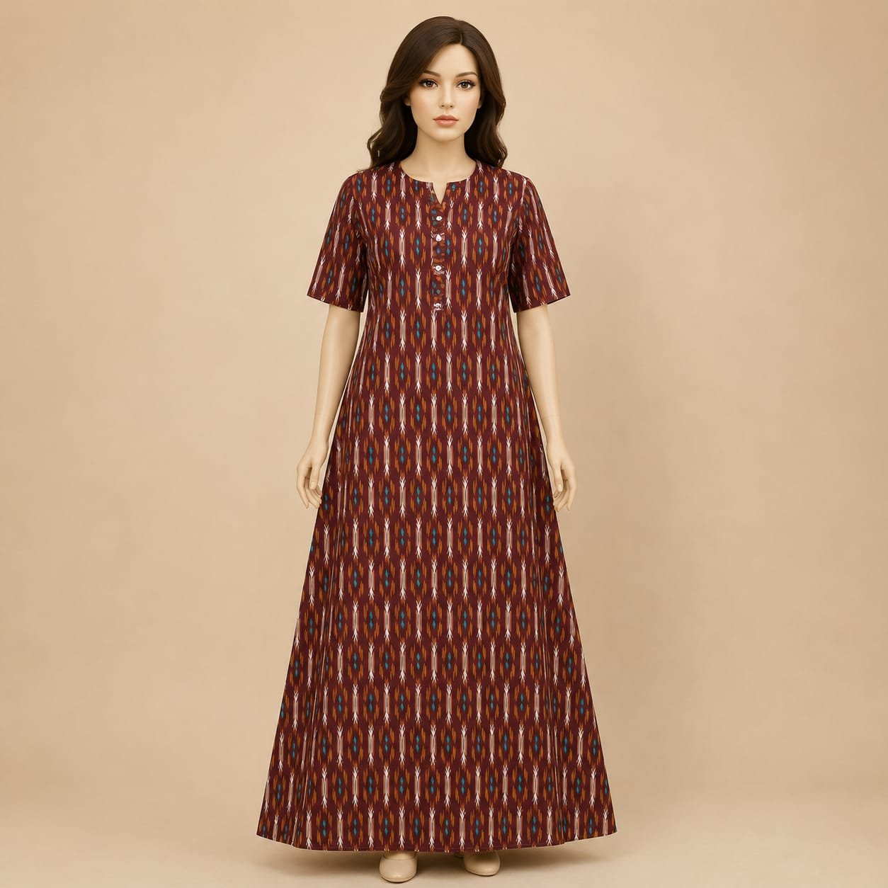 Maroon traditional Ikat print floor-length maxi dress