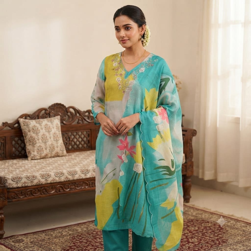 Turquoise and yellow abstract floral-printed Kurta