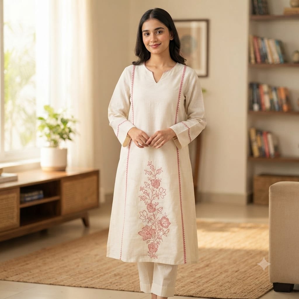 Off-white cotton blend straight-fit kurta set