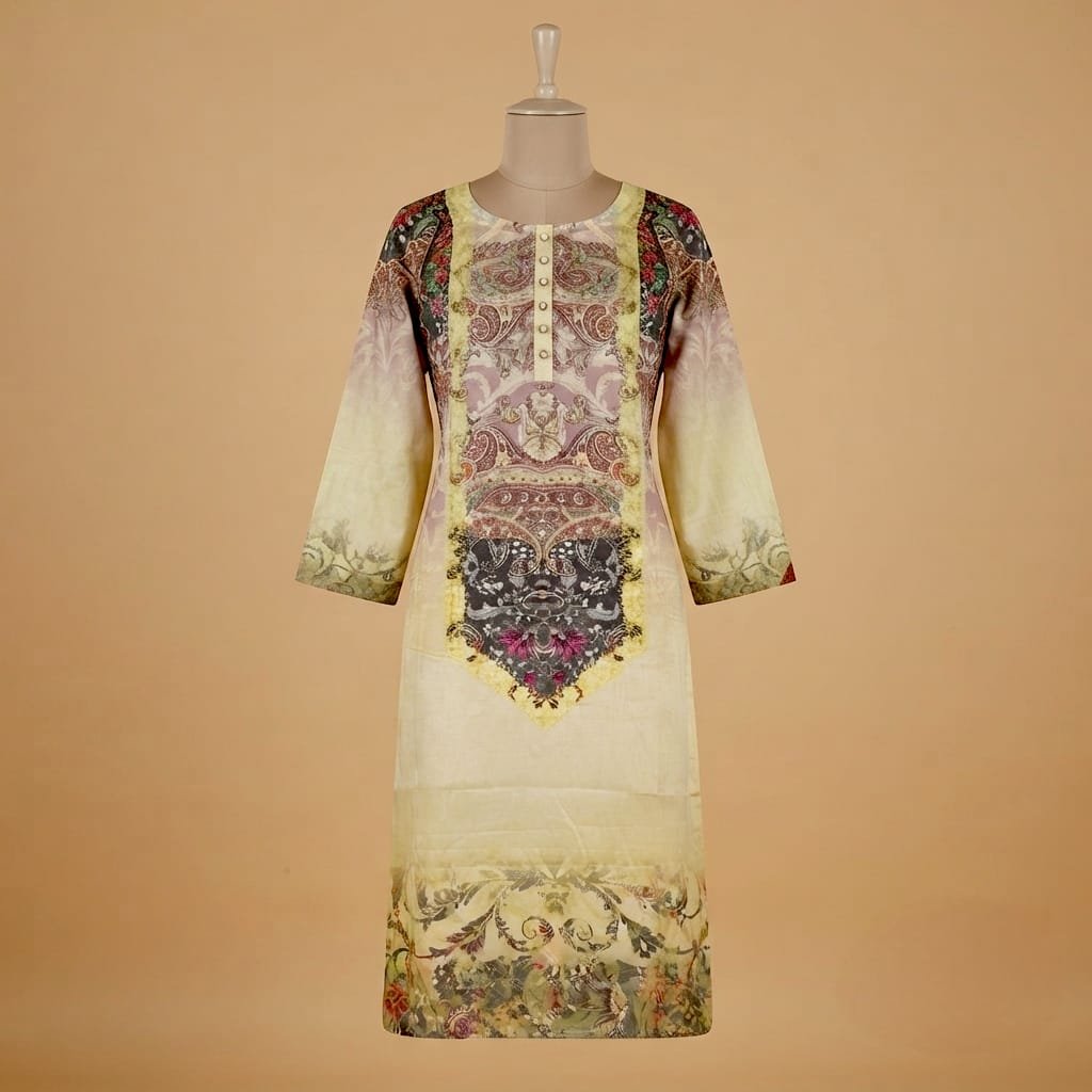 Pakistani-style straight-fit lawn kurti featuring an intricate digital print.