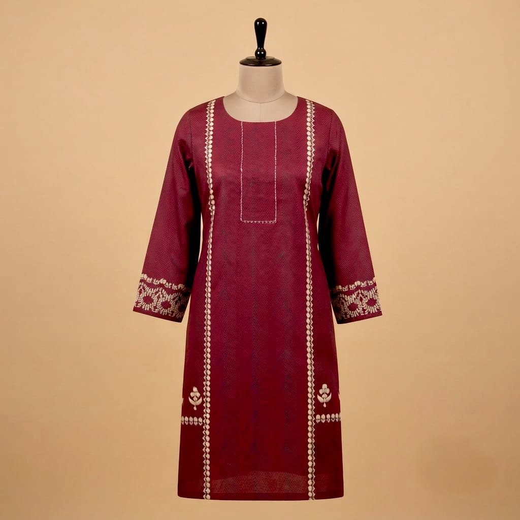 Maroon ethnic straight kurta featuring detailed traditional ornamentation.