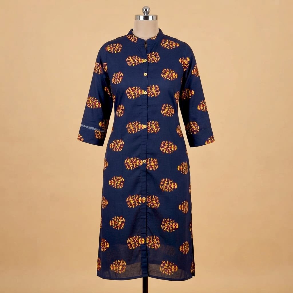Navy blue women's printed straight kurti