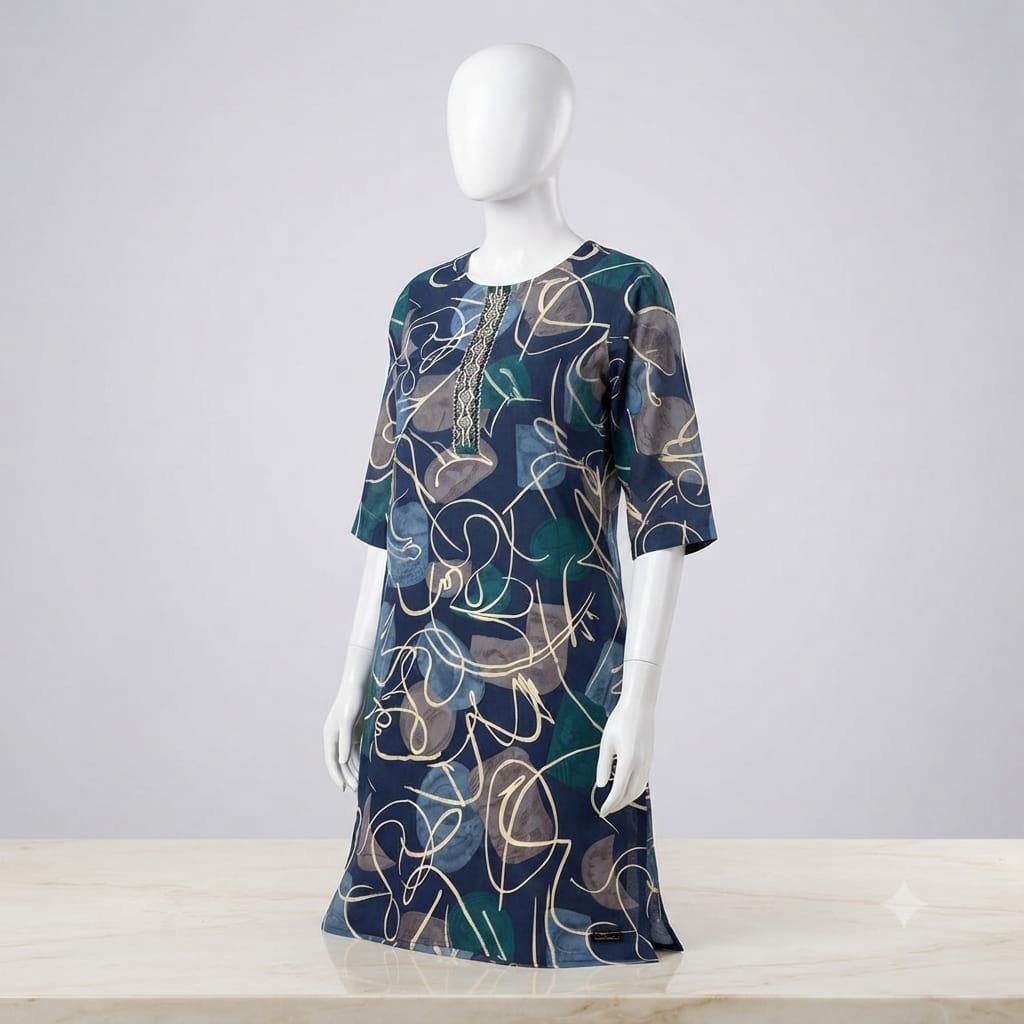 Contemporary A-line tunic dress designed with an eye-catching mix of ethnic and modern elements.
