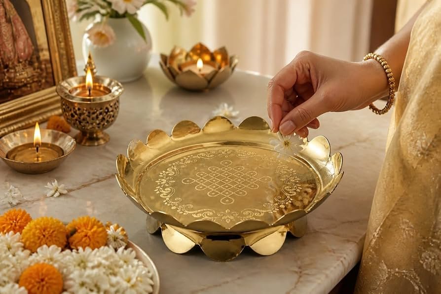 Gold-Finish Puja Thali with Kolam Design, Scalloped Edge 4 inch Size | Festive Pooja Use, Kolam Engraving, Scalloped Border, Shiny Gold Finish, Traditional Decor