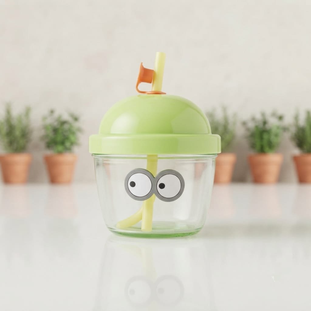 Cute Cartoon Glass Juice Cups with Straw & Lid – 210ml Reusable Drinking Glasses for Kids & Adults | Funny Character Water, Milk & Lemon Cup Set [ Multicolour ] Visit the Shine Laavender shop