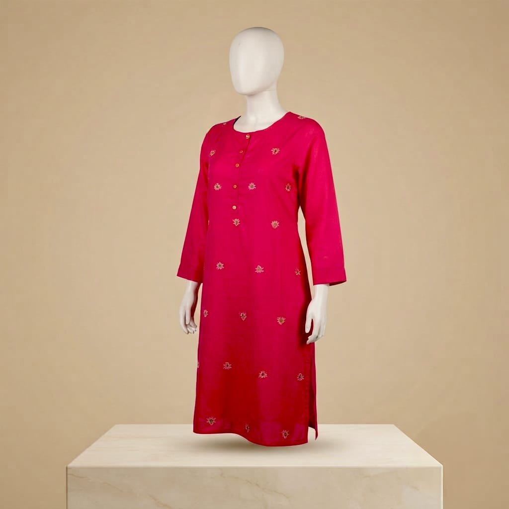 Vibrant fuchsia pink embroidered cotton kurta,
