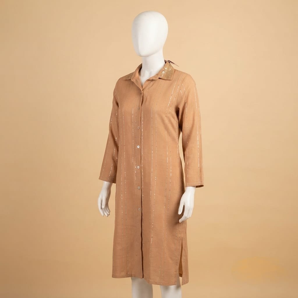 Tan knee-length button-down tunic