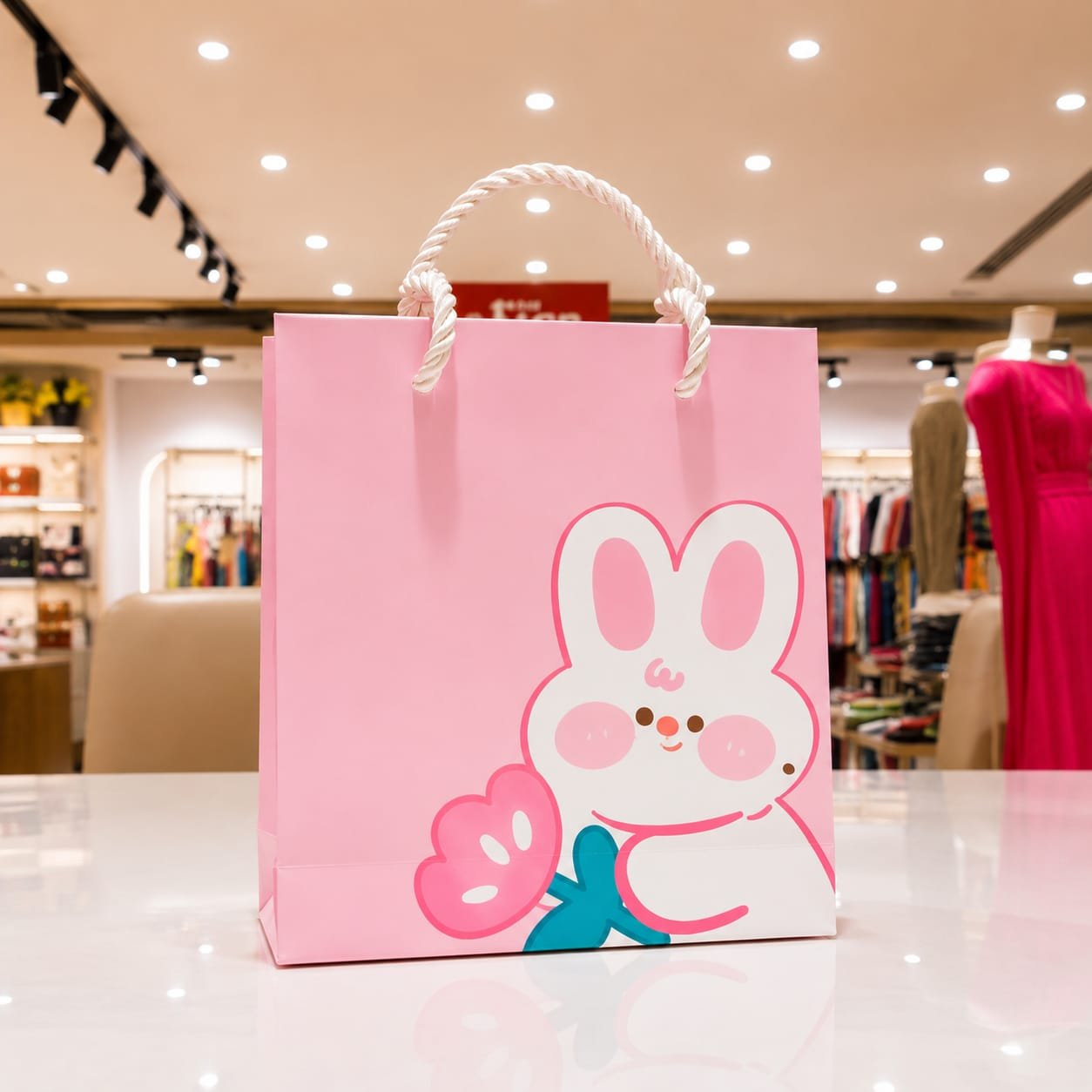 Pink, cartoon-style paper shopping bag