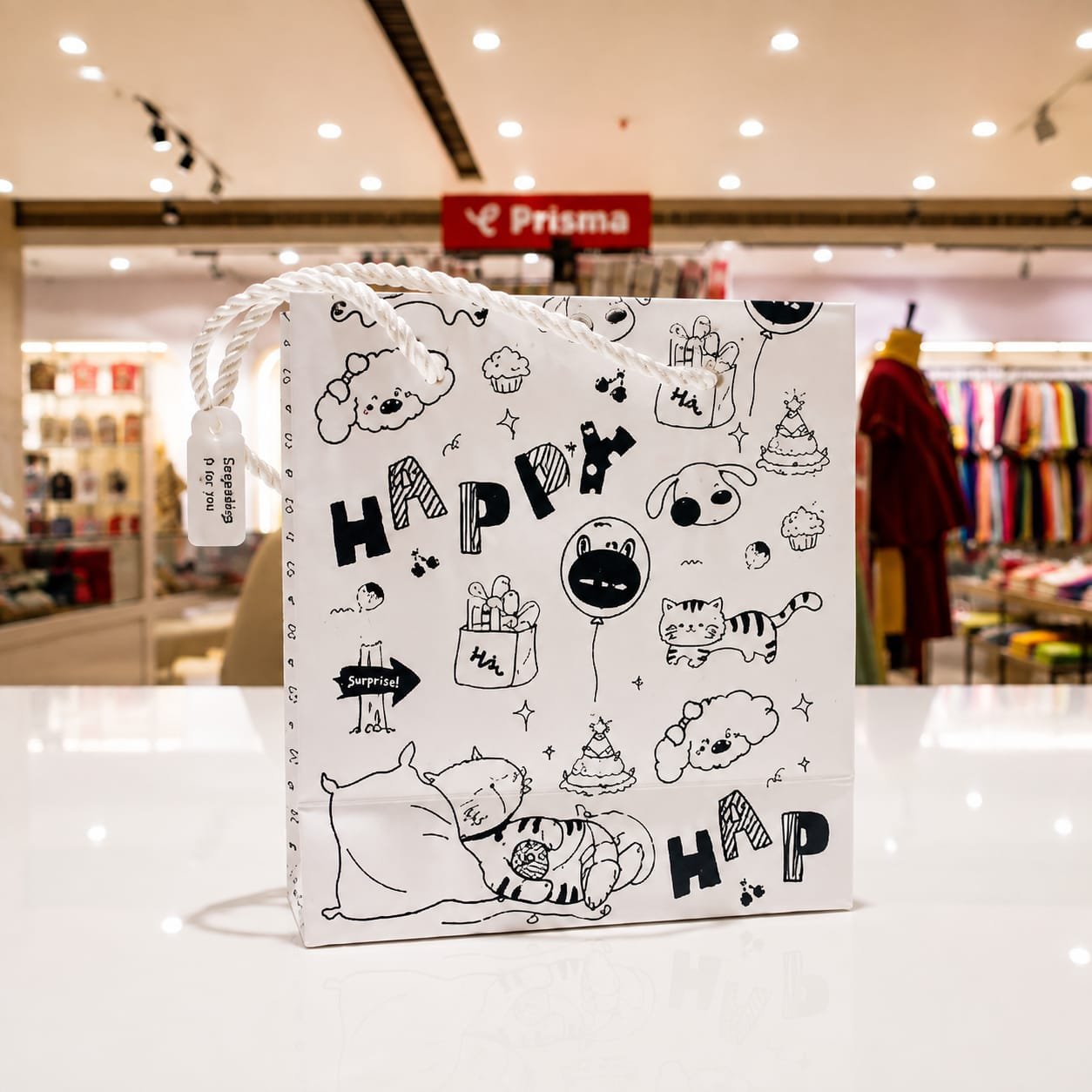 Square, white paper gift bag featuring black line-art doodles and illustrations.
