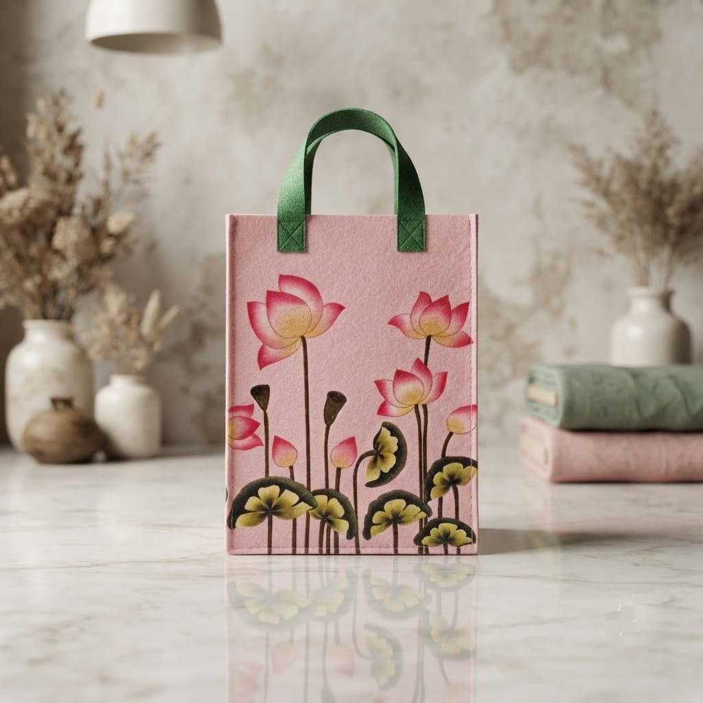 Felt tote bag featuring a traditional lotus pond design.