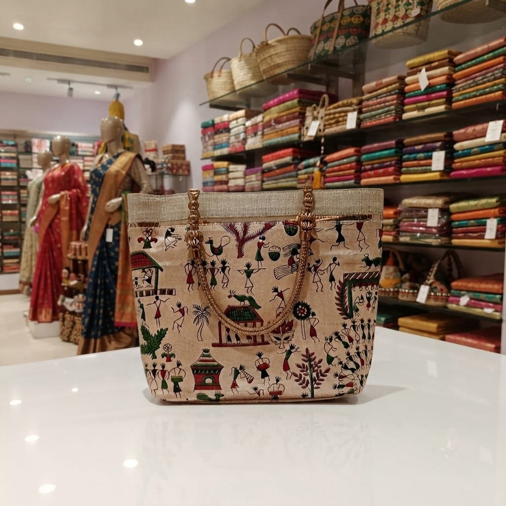 Traditional Indian tote bag crafted from eco-friendly cream jute or cotton canvas.