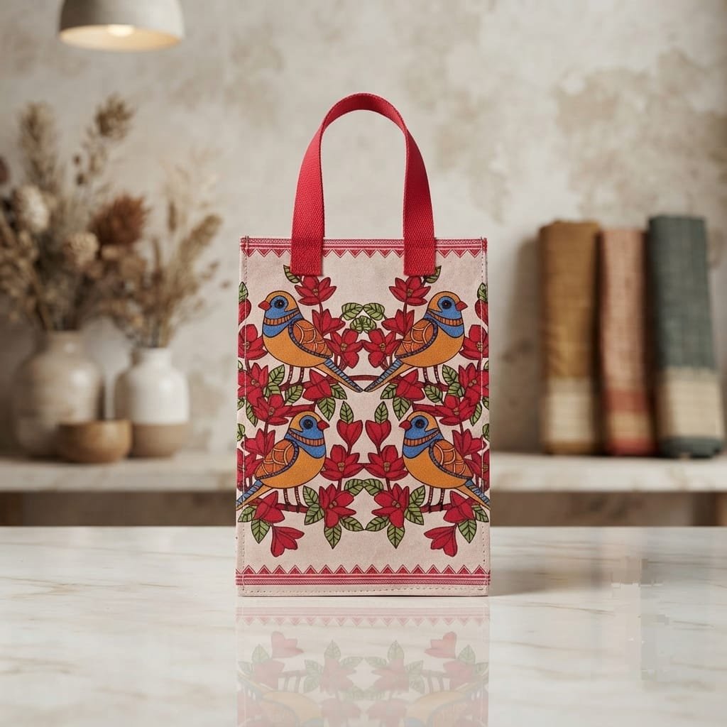 Tote bag adorned with traditional Madhubani art illustration style,