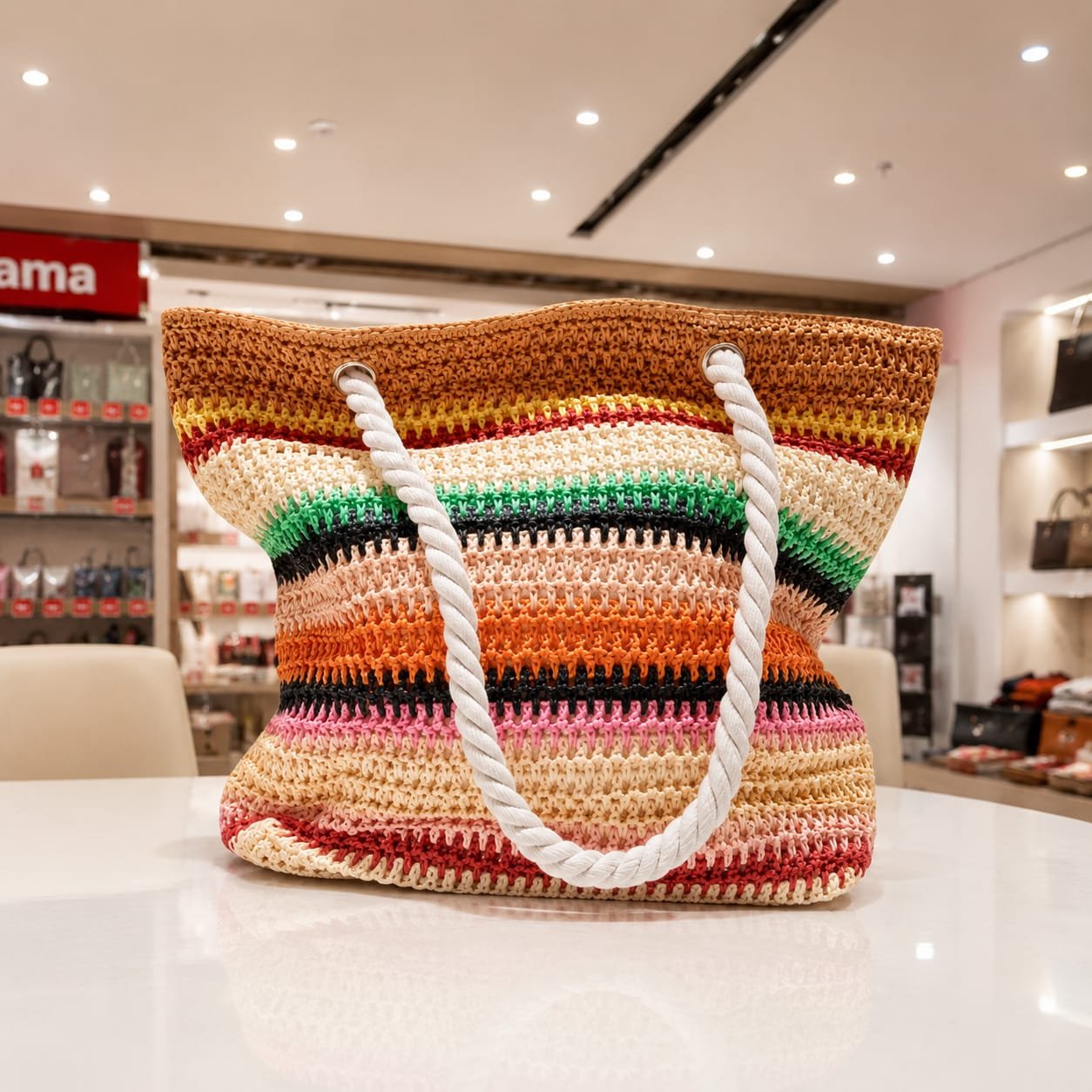 Multicolored, horizontal-striped crochet tote bag